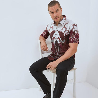 Odza Atasan Kemeja Batik Lengan Pendek Pria Slim Fit Trendy Modern Style Merah Maroon Adhikari