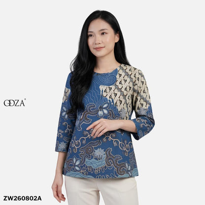 Odza Blouse Batik Wanita Lengan 7/8 Atasan Kemeja Kerja Kondangan Modern Katun Premium Dakota Hijau Biru