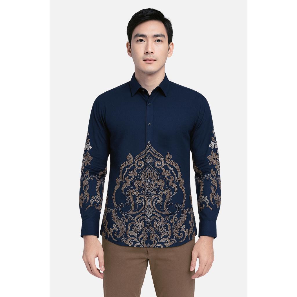 Set Kemeja Batik Couple Pria Wanita Rok Lilit Slim Lengan Panjang Kebaya Jumputan Biru Navy Maheswara
