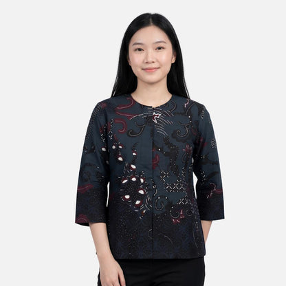 Odza Blouse Batik Wanita Lengan 7/8 Katun Premium Baju Kerja Kondangan Atasan Kebaya Decaddi Hitam