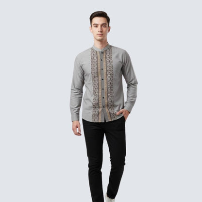 Odza Baju Kemeja Koko Pria Lengan Panjang Motif Kombinasi Strip Elegan Duffia Abu-abu