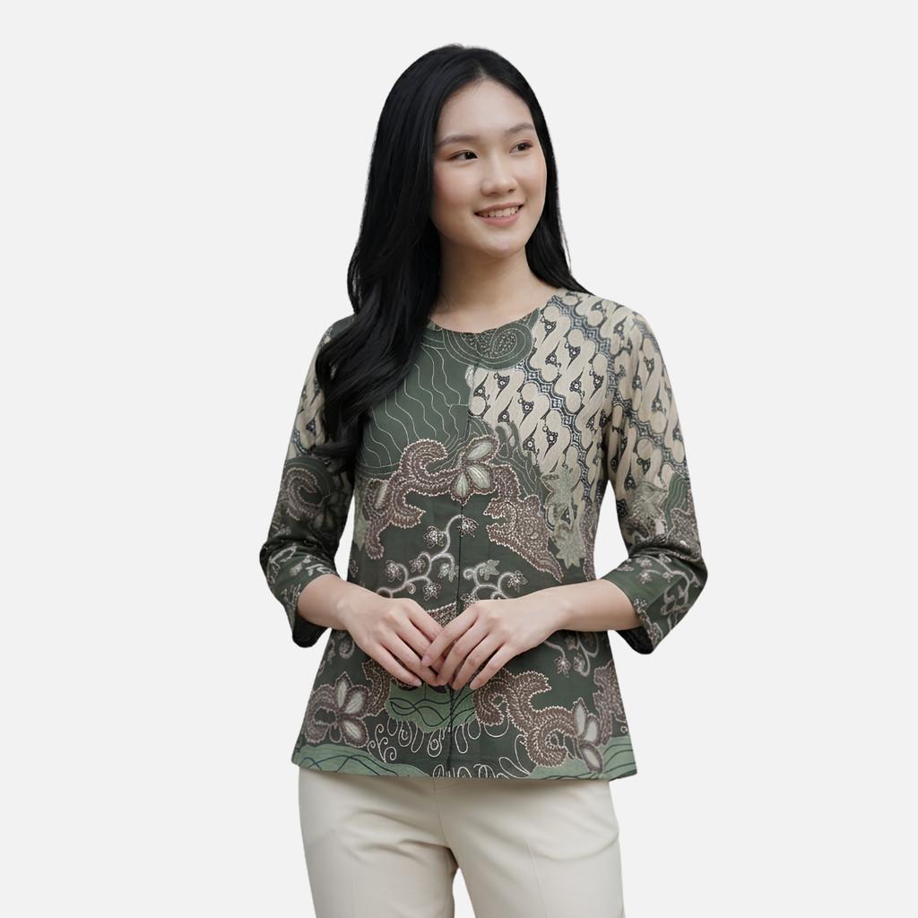 Odza Blouse Batik Wanita Lengan 7/8 Atasan Kemeja Kerja Kondangan Modern Katun Premium Javastera Biru Hijau