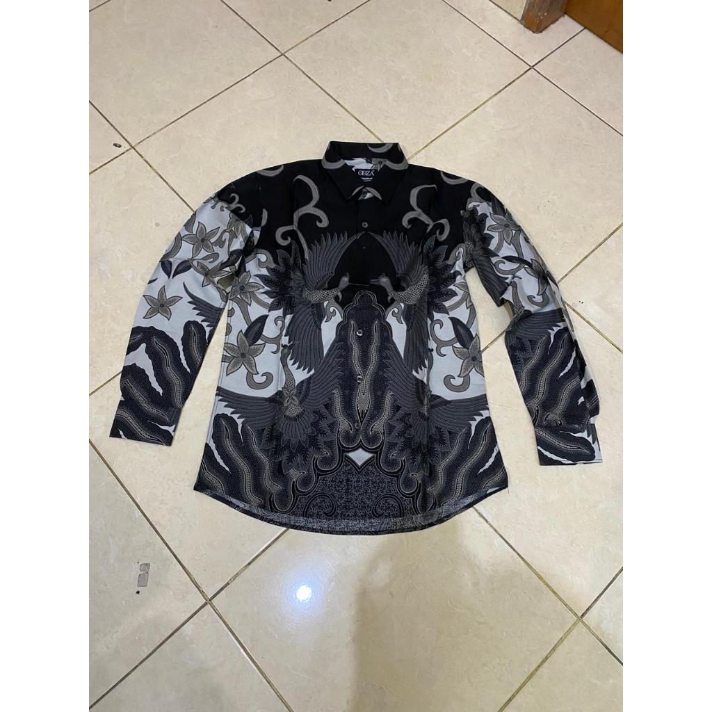 Odza Baju Kemeja Batik Hitam Lengan Panjang Pria Slim Fit Jumbo Pola Besar
