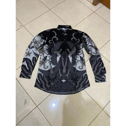 Odza Baju Kemeja Batik Hitam Lengan Panjang Pria Slim Fit Jumbo Pola Besar