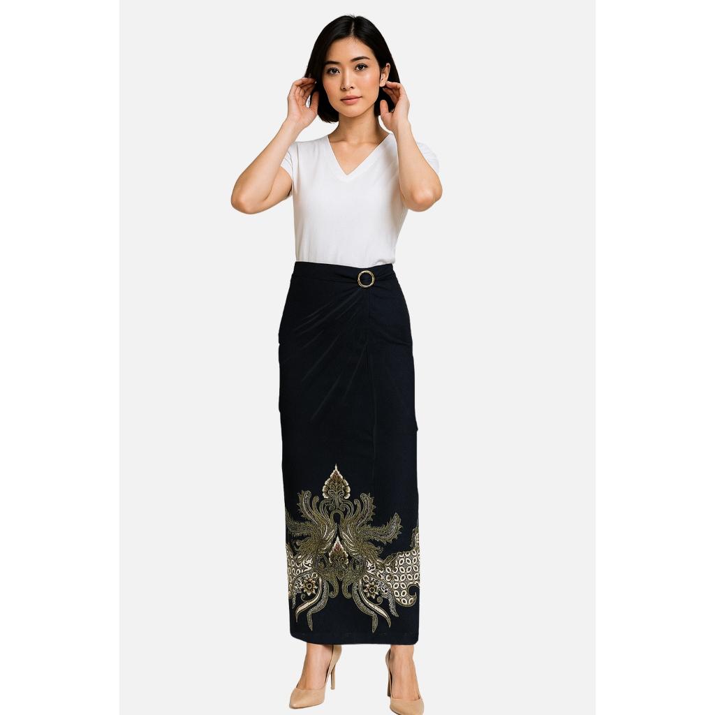 Odza Set Kemeja Rok Lilit Batik Couple Pria Wanita Lengan Pendek Kebaya Jumputan Hitam Naratama Motif Setelan