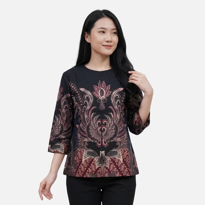 Odza Batik Couple Set Kemeja Pria Blouse Wanita Lengan Panjang 7/8 Katun Premium Kondangan Spatia Hitam Maroon