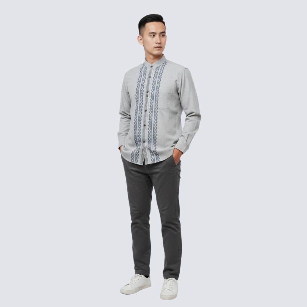 Odza Signature Baju Koko Regular Fit Lengan Panjang Bordir Timbul Kemeja Kerah Shanghai Pria Muslim Abizer Abu-abu