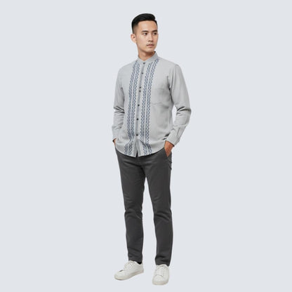 Odza Signature Baju Koko Regular Fit Lengan Panjang Bordir Timbul Kemeja Kerah Shanghai Pria Muslim Abizer Abu-abu