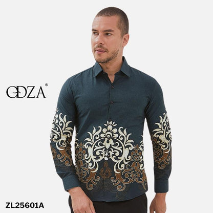 Odza Baju Kemeja Batik Slim Regular Fit Pria Lengan Panjang Modern Hitam Abu tua Waradana