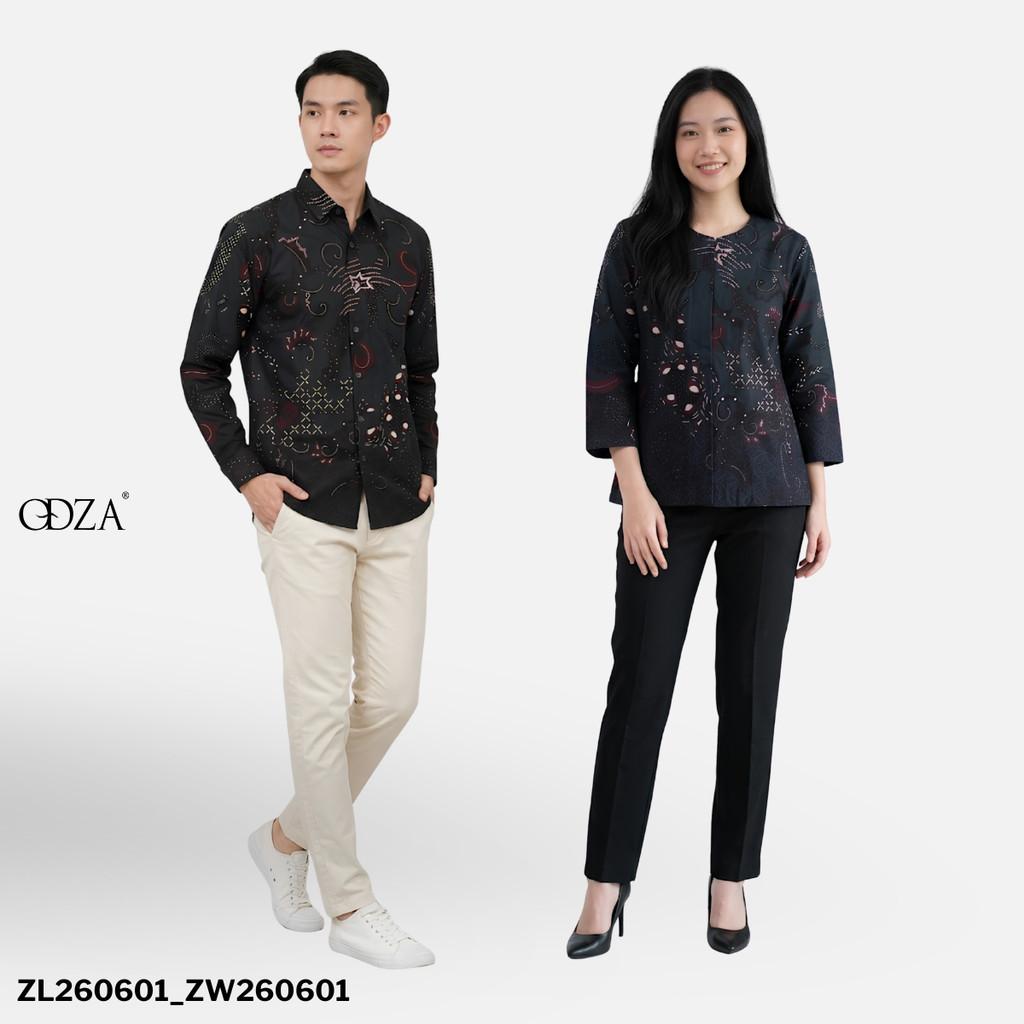 Odza Batik Couple Kemeja Pria Slim Fit Blouse Wanita Lengan Panjang Katun Premium Kondangan Decaddi Hitam