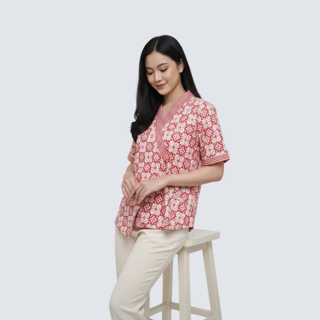 Odza Atasan Blouse Batik Modern Etnik Wanita Lengan Pendek Kimono Trikot Furing Merah Pink