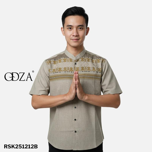 Odza Baju Koko Pria Lengan Pendek Motif Kemeja Kerah Shanghai Keira Katun Coklat