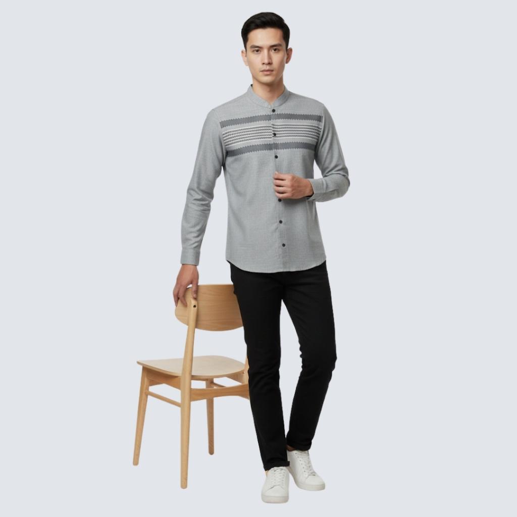 Odza Baju Koko Lengan Panjang Kombinasi Pria Regular fit Modern Kemeja Muslim Modern Batris Biru