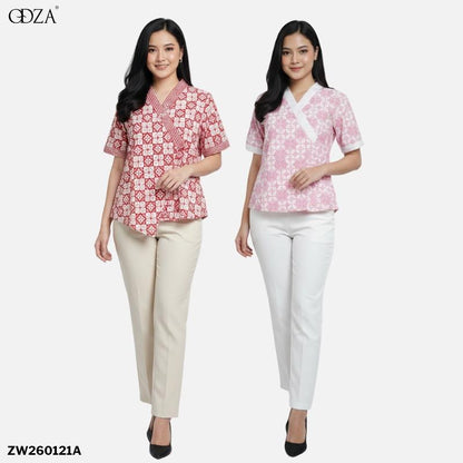Odza Atasan Blouse Batik Modern Etnik Wanita Lengan Pendek Kimono Trikot Furing Merah Pink
