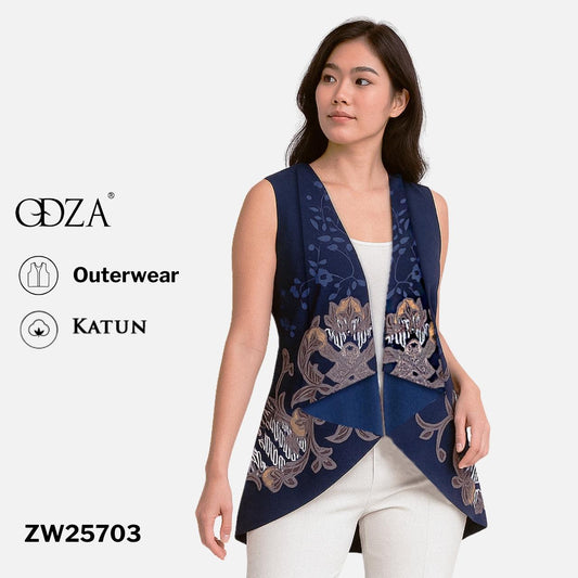 Odza Baju Outer Luaran Atasan Motif Batik Kombinasi Rompi Katun Pesta Wanita Cantik Bolak Balik Panggenan Biru