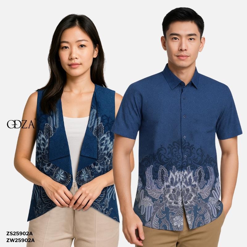 Odza Baju Batik Couple Kemeja Hem Pria Lengan Pendek Slim Fit Outer Rompi Vest Motif Biru Yogaswara