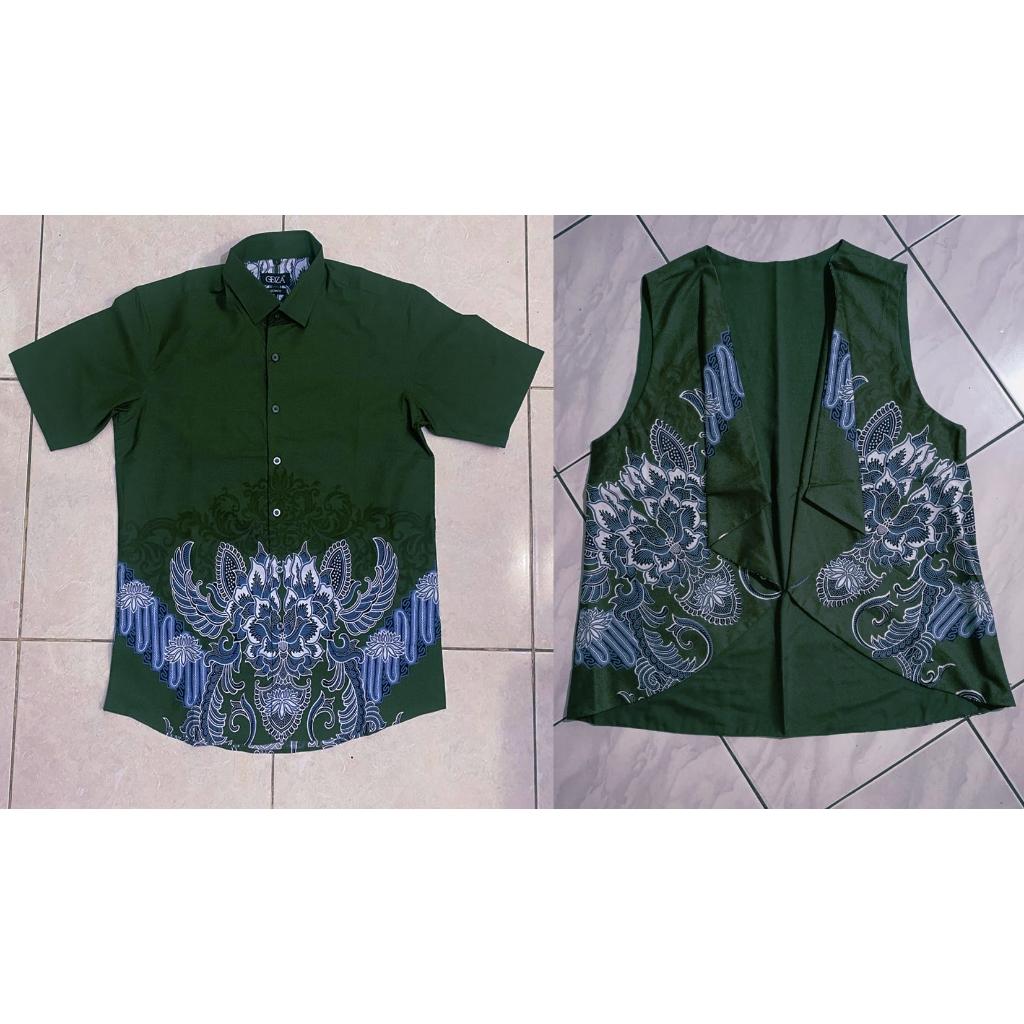 Odza Batik Couple Keluarga Kemeja Hem Pria Baju Lengan Pendek Outer Rompi Vest Pasangan Motif Hijau Jumbo Widyanata