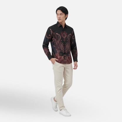 Odza Kemeja Batik Lengan Panjang Modern Pria Cotton Printing Slim Regular Fit Jumbo Spatia Hitam Maroon Coklat