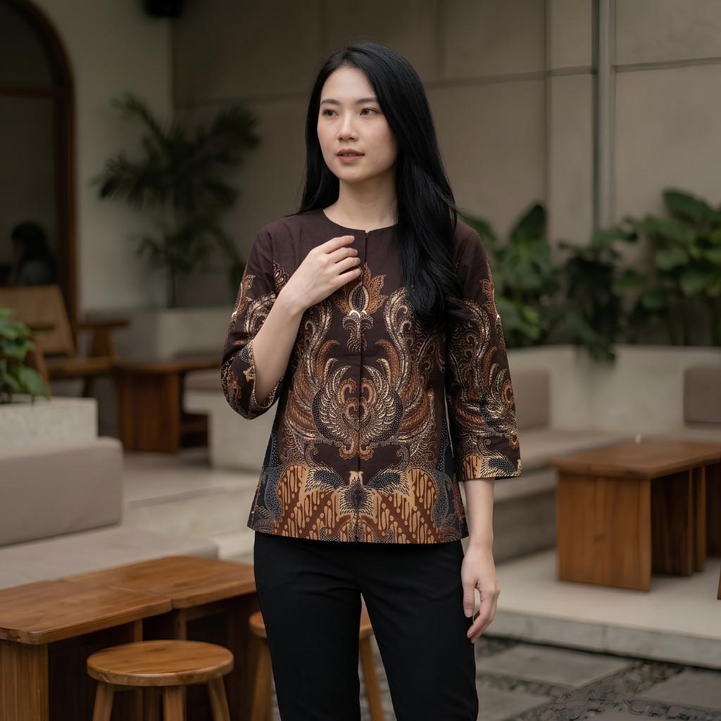Odza Batik Couple Set Kemeja Pria Blouse Wanita Lengan Panjang 7/8 Katun Premium Kondangan Dakupa Coklat Tua