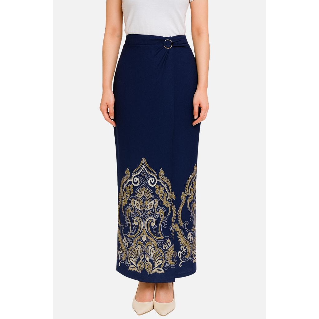 Set Kemeja Batik Couple Pria Wanita Rok Lilit Slim Lengan Panjang Kebaya Jumputan Biru Navy Maheswara