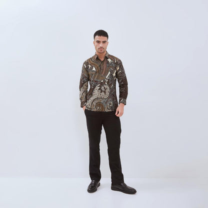 ODZACLASSIC Kemeja Batik Pria Salena Lengan Panjang Slim Fit Jumbo Modern Coklat & Hitam Motif Batik Kombinasi Katun Nyaman Formal Motif Motif