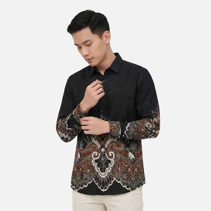 Odza Kemeja Batik Pria Slim Fit Lengan Panjang Katun Premium Baju Kerja Kondangan Maroon Hitam
