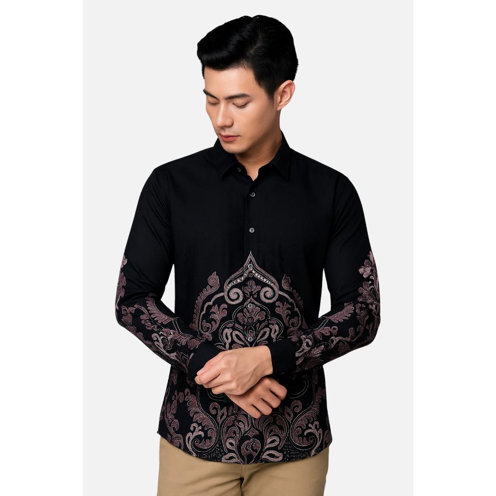 Odza Set Kemeja Rok Lilit Batik Couple Pria Wanita Lengan Panjang Kebaya Motif Jumputan Hitam Naradipta