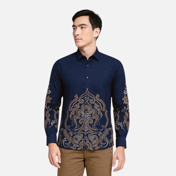 Set Kemeja Batik Couple Pria Wanita Rok Lilit Slim Lengan Panjang Kebaya Jumputan Biru Navy Maheswara