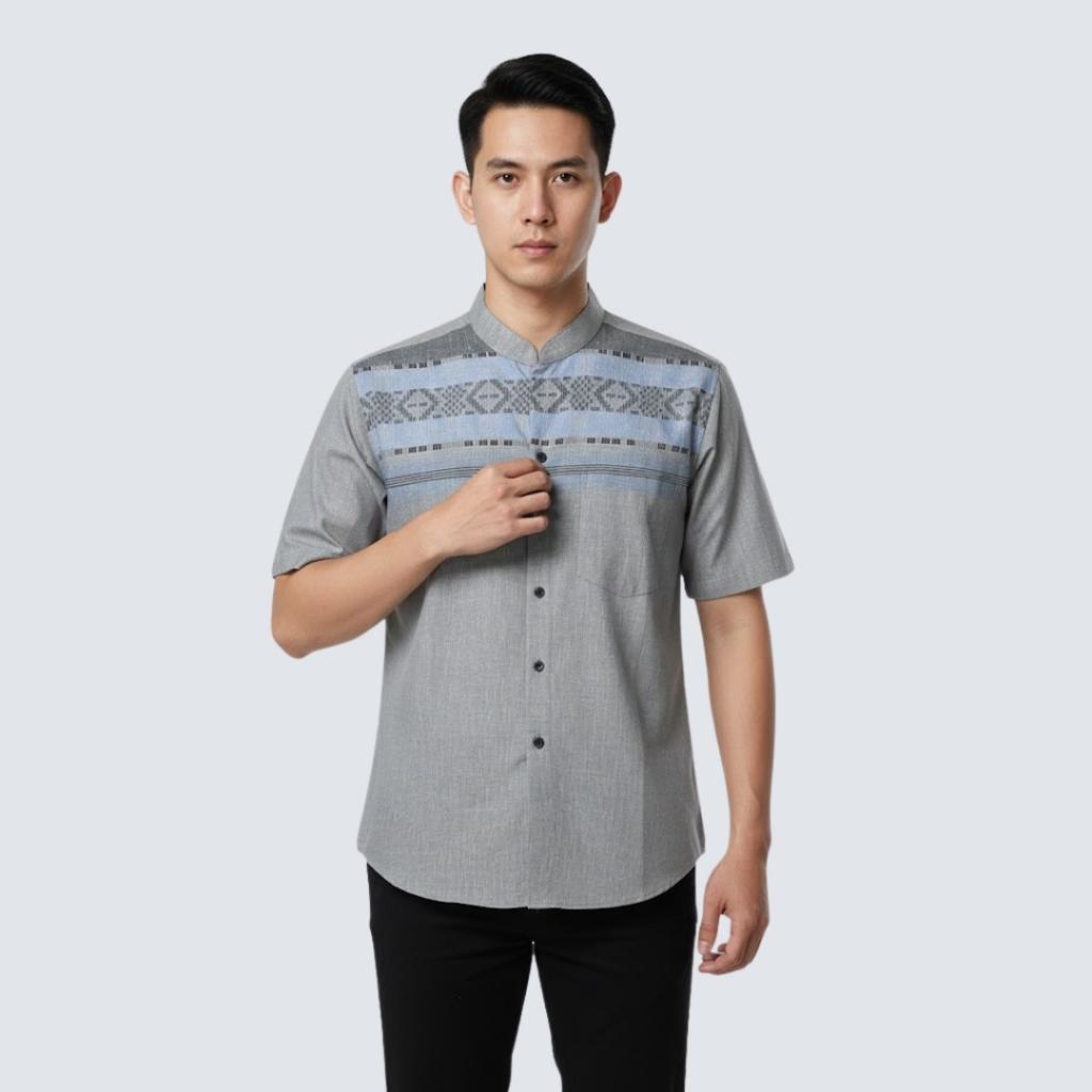 Odza Classic Baju Kemeja Koko Pria Lengan Pendek Regular Fit Atasan Kerah Shanghai Kaivan Abu Biru