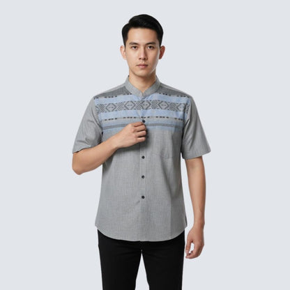 Odza Classic Baju Kemeja Koko Pria Lengan Pendek Regular Fit Atasan Kerah Shanghai Kaivan Abu Biru