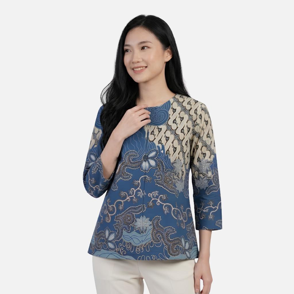Odza Blouse Batik Wanita Lengan 7/8 Atasan Kemeja Kerja Kondangan Modern Katun Premium Dakota Hijau Biru