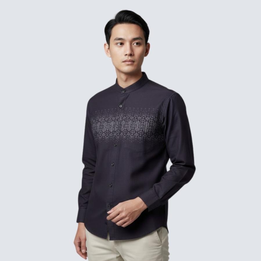 Odza Baju Koko Lengan Panjang Pria Kemeja Muslim Katun Regular Fit Bagisha Ungu Tua