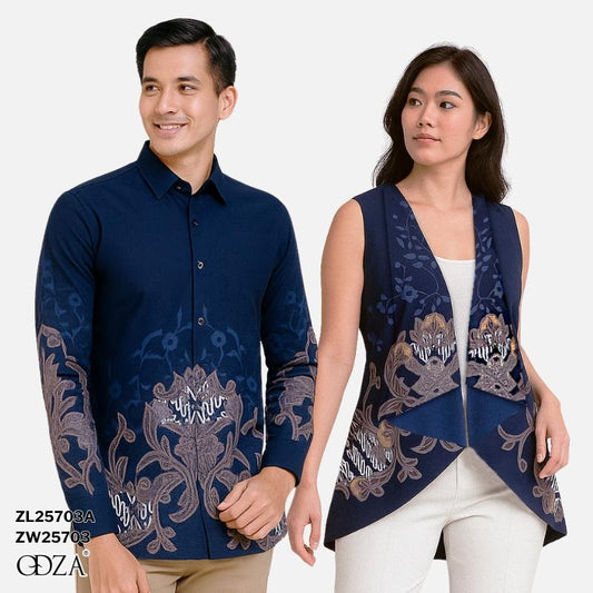 Odza Set Atasan Batik Katun Lengan Panjang Outer Luaran Bolak Balik Pasangan Pria Wanita Couple Panggenan Biru Baju Motif