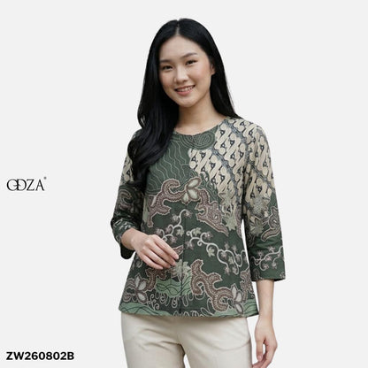 Odza Blouse Batik Wanita Lengan 7/8 Atasan Kemeja Kerja Kondangan Modern Katun Premium Dakota Hijau Biru