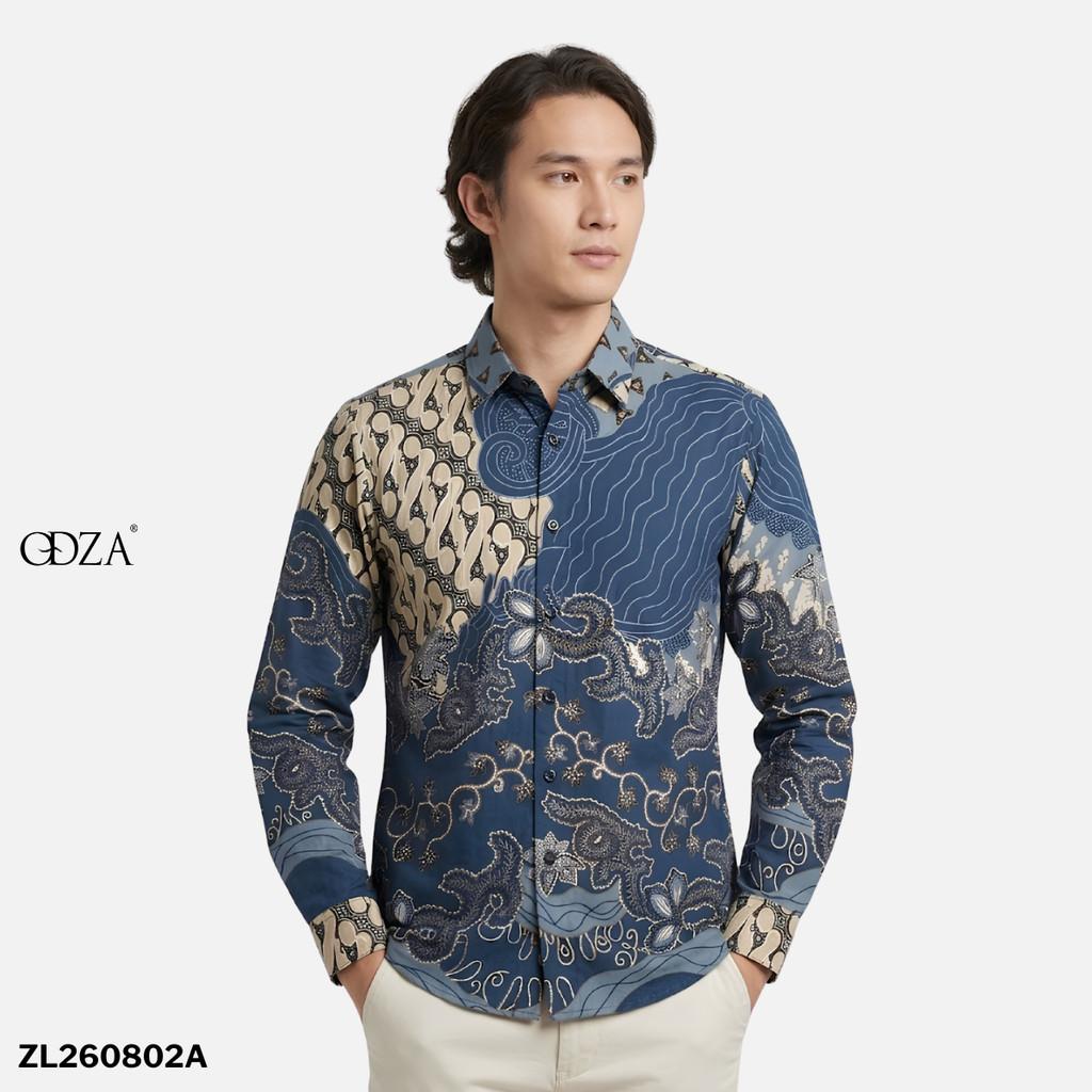 Odza Batik Couple Set Kemeja Pria Blouse Wanita Lengan Panjang 7/8 Cotton Printing Slim Fit Jumbo Javastera Biru
