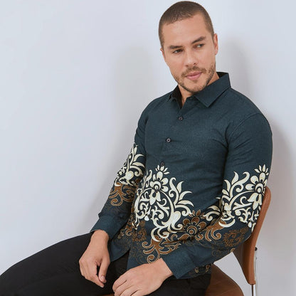 Odza Baju Kemeja Batik Slim Regular Fit Pria Lengan Panjang Modern Hitam Abu tua Waradana