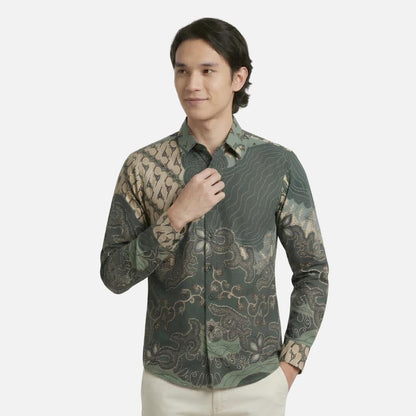 Odza Batik Couple Set Kemeja Pria Blouse Wanita Lengan Panjang 7/8 Cotton Printing Slim Fit Jumbo Dakota Hijau