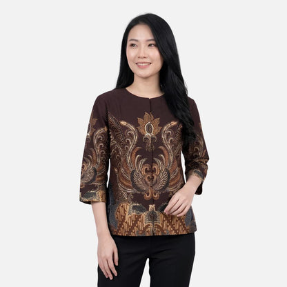 Odza Batik Couple Set Kemeja Pria Blouse Wanita Lengan Panjang 7/8 Katun Premium Kondangan Dakupa Coklat Tua
