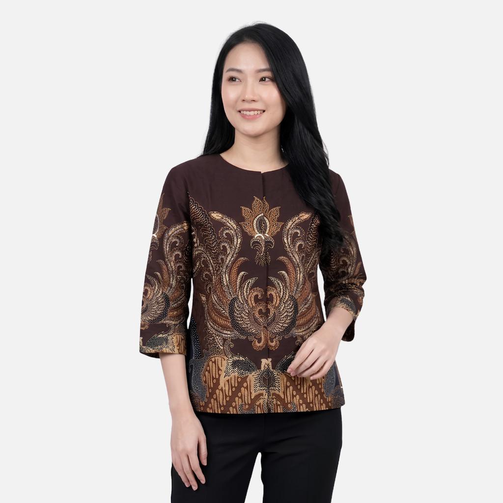 Odza Blouse Batik Wanita Lengan 7/8 Atasan Kemeja Kerja Kondangan Katun Premium Spatia Hitam Merah Maroon Coklat Tua