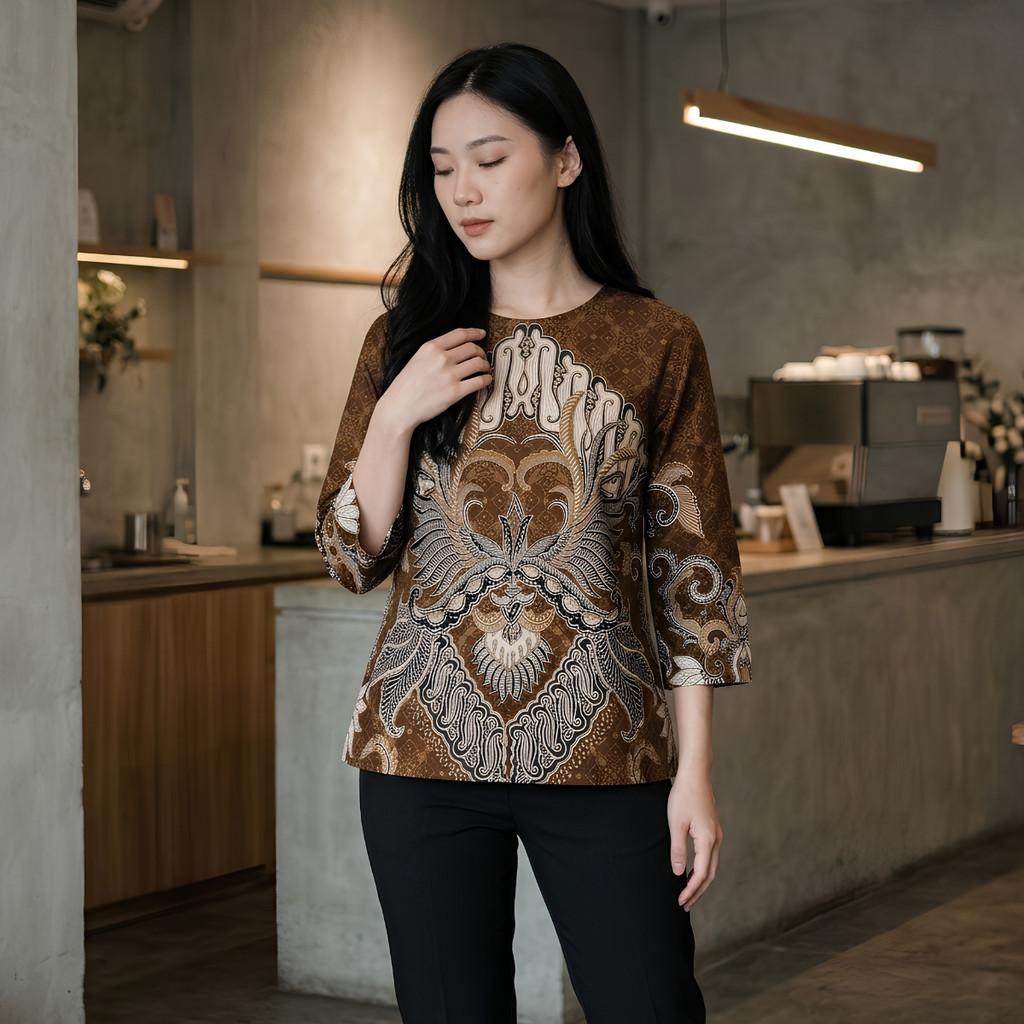 Odza Batik Couple Set Kemeja Pria Blouse Wanita Lengan Panjang 7/8 Katun Premium Kondangan Jauwe Coklat