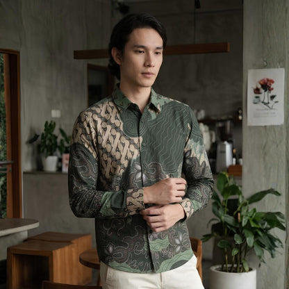 Odza Batik Couple Set Kemeja Pria Blouse Wanita Lengan Panjang 7/8 Cotton Printing Slim Fit Jumbo Dakota Hijau