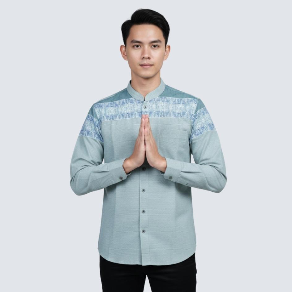 Odza Baju Koko Pria Lengan Panjang Kemeja Muslim Regular Fit Modern Aroka Hijau Tosca