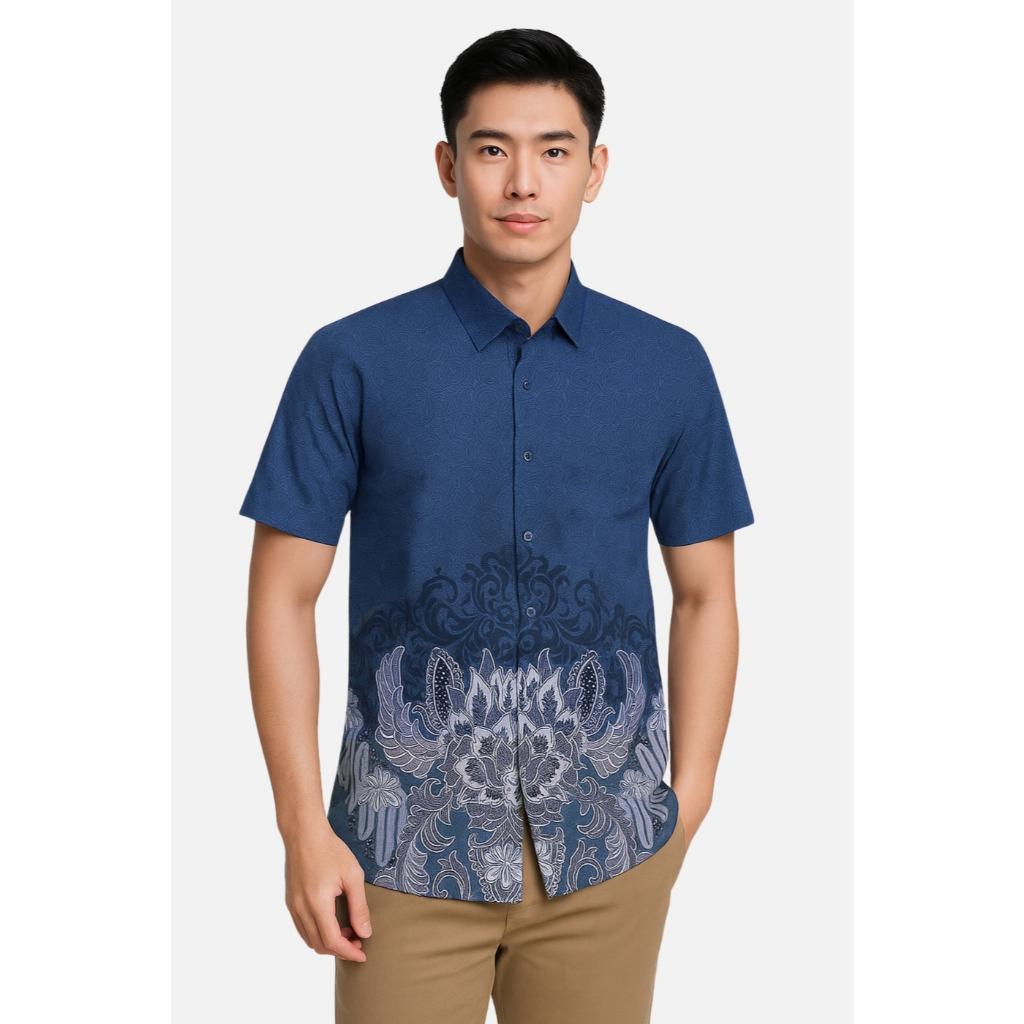 Odza Baju Batik Couple Kemeja Hem Pria Lengan Pendek Slim Fit Outer Rompi Vest Motif Biru Yogaswara