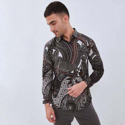 ODZACLASSIC Kemeja Batik Pria Salena Lengan Panjang Slim Fit Jumbo Modern Coklat & Hitam Motif Batik Kombinasi Katun Nyaman Formal Motif Motif