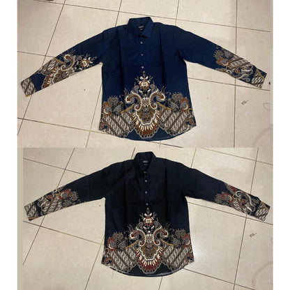 Odza Kemeja Batik Pria Slim Fit Lengan Panjang Katun Premium Baju Kerja Kondangan Panjira Navy Hitam
