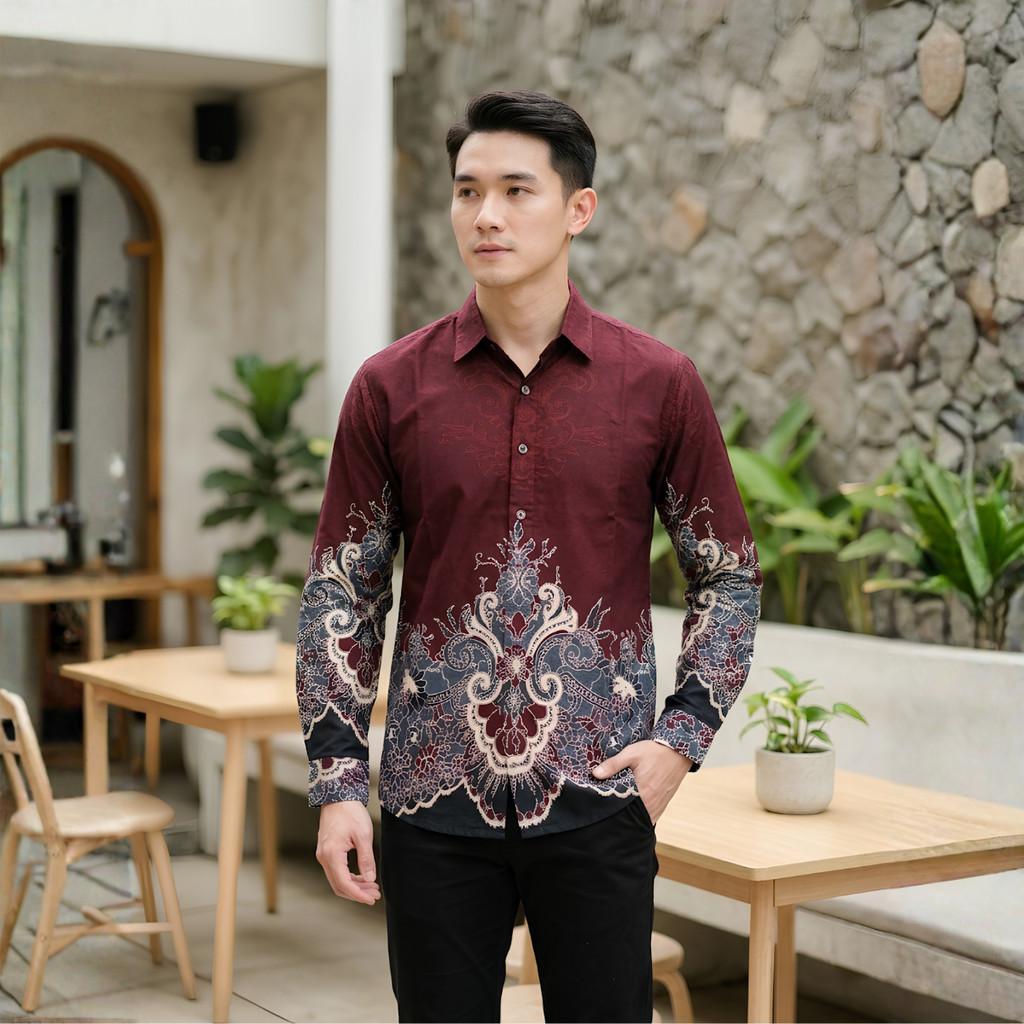Odza Kemeja Batik Pria Slim Fit Lengan Panjang Katun Premium Baju Kerja Kondangan Maroon Hitam