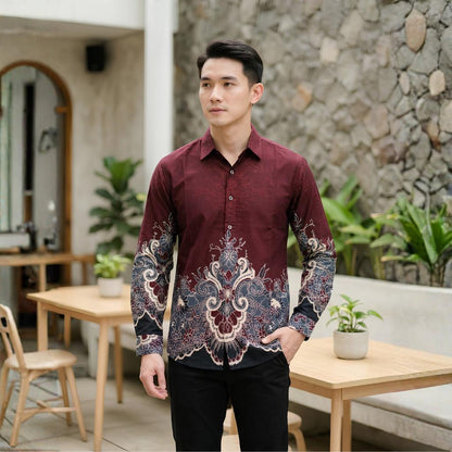 Odza Kemeja Batik Pria Slim Fit Lengan Panjang Katun Premium Baju Kerja Kondangan Maroon Hitam