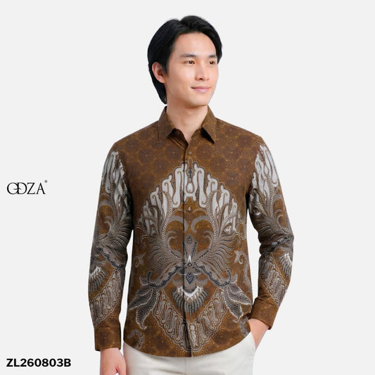 Odza Kemeja Batik Pria Slim Fit Lengan Panjang Katun Premium Baju Kerja Kondangan Jauwe Coklat Hitam