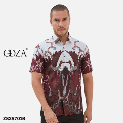 Odza Atasan Kemeja Batik Lengan Pendek Pria Slim Fit Trendy Modern Style Merah Maroon Adhikari