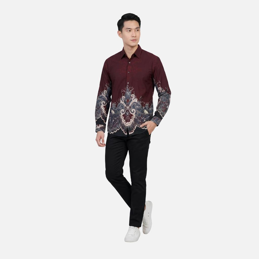 Odza Kemeja Batik Pria Slim Fit Lengan Panjang Katun Premium Baju Kerja Kondangan Bimantara Hitam Maroon